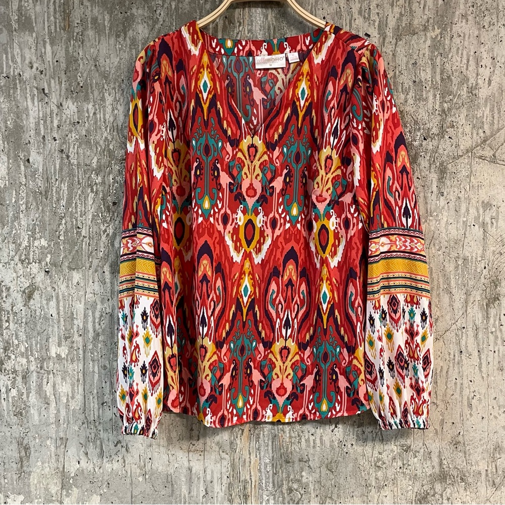 BELLE BOHO BY KIM GRAVEL Women's Find Your Fire Boho Blouse Size M Spice Sleeve - Picture 2 of 7